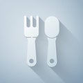 Paper cut Fork and spoon icon isolated on grey background. Cooking utensil. Cutlery sign. Paper art style. Vector Royalty Free Stock Photo