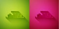 Paper cut Formula 1 racing car icon isolated on green and pink background. Paper art style. Vector Illustration