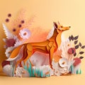 Paper cut fox with flowers and leaves on orange background. Vector illustration. Royalty Free Stock Photo