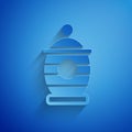 Paper cut Funeral urn icon isolated on blue background. Cremation and burial containers, columbarium vases, jars and