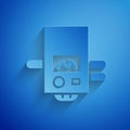 Paper cut Gas boiler with a burning fire icon isolated on blue background. Paper art style. Vector