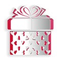 Paper cut Gift box and heart icon isolated on white background. Packaging Valentine`s Day. Beautiful festive box tied