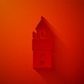 Paper cut Giralda in Seville Spain icon isolated on red background. Paper art style. Vector