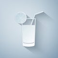 Paper cut Glass of juice icon isolated on grey background. Orange slice and tube for drinking. Healthy organic food Royalty Free Stock Photo