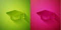 Paper cut Graduation cap icon isolated on green and pink background. Graduation hat with tassel icon. Paper art style Royalty Free Stock Photo