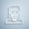 Paper cut Hacker or coder icon isolated on grey background. Programmer developer working on code, coding, testing