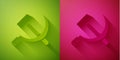 Paper cut Hammer and sickle USSR icon isolated on green and pink background. Symbol Soviet Union. Paper art style