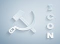 Paper cut Hammer and sickle USSR icon isolated on grey background. Symbol Soviet Union. Paper art style. Vector