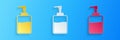 Paper cut Hand sanitizer bottle icon isolated on blue background. Disinfection concept. Washing gel. Alcohol bottle for