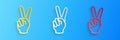 Paper cut Hand showing two finger icon isolated on blue background. Victory hand sign. Paper art style. Vector Royalty Free Stock Photo