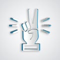 Paper cut Hand showing two finger icon isolated on grey background. Victory hand sign. Paper art style. Vector Royalty Free Stock Photo