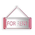 Paper cut Hanging sign with text For rent icon isolated on white background. Paper art style. Vector Royalty Free Stock Photo