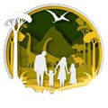 Paper cut happy family silhouette enjoying rest at dinosaurs park Royalty Free Stock Photo