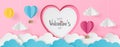 Paper cut of Happy Valentine`s Day text on white heart with heart hot air balloons, sun and cloud on light pink background for Royalty Free Stock Photo