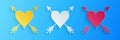 Paper cut Heart with arrow icon isolated on blue background. Happy Valentine's day. Cupid dart pierced to the heart Royalty Free Stock Photo