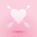 Paper cut Heart with arrow icon isolated on pink background. Happy Valentine's day. Cupid dart pierced to the heart Royalty Free Stock Photo