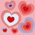 Paper cut of heart shape on pink background. Vector symbols of love for Happy Women`s, Mother`s, Valentine`s Day, birthday greetin