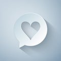 Paper cut Heart in speech bubble icon isolated on grey background. Heart shape in message bubble. Love sign. Valentines