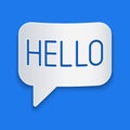 Paper cut Hello in different languages icon isolated on blue background. Speech bubbles. Paper art style. Vector