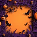 Paper cut Holloween border Bat Ghost Spider Pumpkin frame, Halloween papercut high quality ai generated image