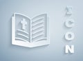 Paper cut Holy bible book icon isolated on grey background. Paper art style. Vector Royalty Free Stock Photo