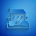 Paper cut Home cleaning service concept icon isolated on blue background. Building and house. Paper art style. Vector Royalty Free Stock Photo