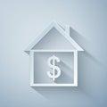 Paper cut House with dollar icon isolated on grey background. Home and money. Real estate concept. Paper art style Royalty Free Stock Photo