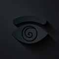 Paper cut Hypnosis icon isolated on black background. Human eye with spiral hypnotic iris. Paper art style. Vector
