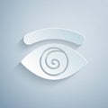 Paper cut Hypnosis icon isolated on grey background. Human eye with spiral hypnotic iris. Paper art style. Vector