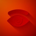 Paper cut Hypnosis icon isolated on red background. Human eye with spiral hypnotic iris. Paper art style. Vector