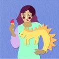 Paper Cut Illustration of Girl with Purple Hair in a Dragon Sweater, Eating Ice Cream Royalty Free Stock Photo