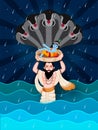 Paper cut Illustration of happy janmashtami festival of india. Vasudev and snake save lord krishna from rain