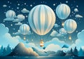 Paper cut illustration, whimsical balloons, adventure background