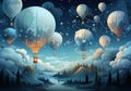 Paper cut illustration, whimsical balloons, adventure background