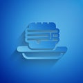 Paper cut Junk food icon isolated on blue background. Prohibited hot dog. No Fast food sign. Paper art style. Vector Royalty Free Stock Photo