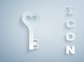 Paper cut Key in heart shape icon isolated on grey background. Happy Valentines day. Paper art style. Vector Royalty Free Stock Photo