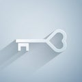 Paper cut Key in heart shape icon isolated on grey background. Valentines day. Paper art style. Vector Royalty Free Stock Photo