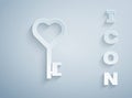 Paper cut Key in heart shape icon isolated on grey background. Valentines day symbol. Paper art style. Vector Royalty Free Stock Photo