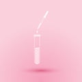 Paper cut Laboratory pipette with liquid and falling droplet over test tube icon isolated on pink background. Laboratory