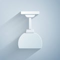 Paper cut Lamp hanging icon isolated on grey background. Ceiling lamp light bulb. Paper art style. Vector Royalty Free Stock Photo