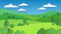 Paper cut landscape. Nature green hills fields mountains and forest, paper art rural scene. Vector ecology background