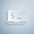 Paper cut Laptop with dollar icon isolated on grey background. Sending money around the world, money transfer, online Royalty Free Stock Photo