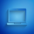 Paper cut Laptop icon isolated on blue background. Computer notebook with empty screen sign. Paper art style. Vector Royalty Free Stock Photo