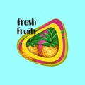 Paper cut layout FRESH FRUITS concept design with realistic PINEAPPLE fruit. Modern Abstract banner Royalty Free Stock Photo