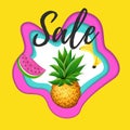 Paper cut layout SALE banner with realistic Pineapple, Watermelon and Banana fruits.