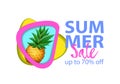 Paper cut layout SALE banner with realistic Pineapple, Watermelon and Banana fruits.