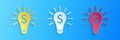 Paper cut Light bulb with dollar symbol icon isolated on blue background. Money making ideas. Fintech innovation concept Royalty Free Stock Photo