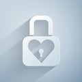 Paper cut Lock and heart icon isolated on grey background. Locked Heart. Love symbol and keyhole sign. Valentines day Royalty Free Stock Photo