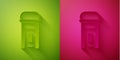Paper cut London phone booth icon isolated on green and pink background. Classic english booth phone in london. English Royalty Free Stock Photo