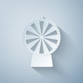 Paper cut Lucky wheel icon isolated on grey background. Paper art style